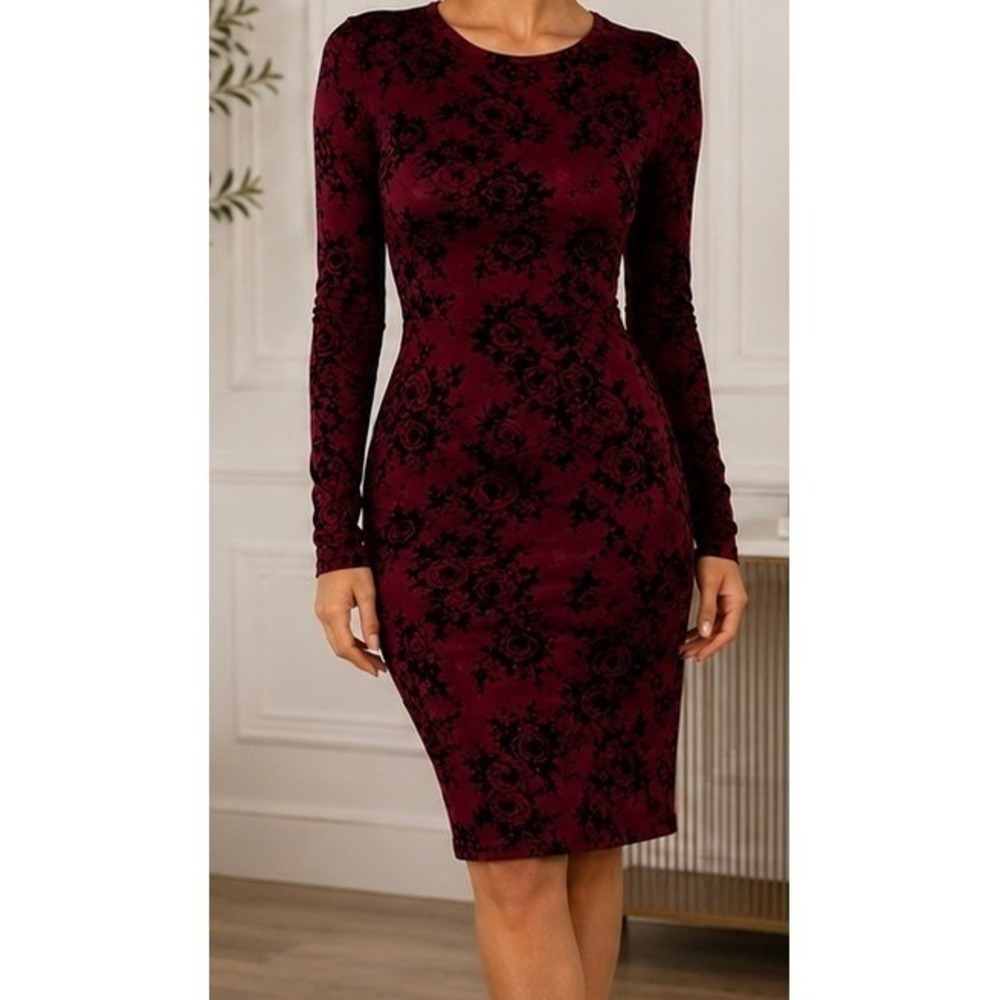 Burgundy Floral Flocked Long Sleeve Bodycon Sheath Dress Burgundy Black Size-L